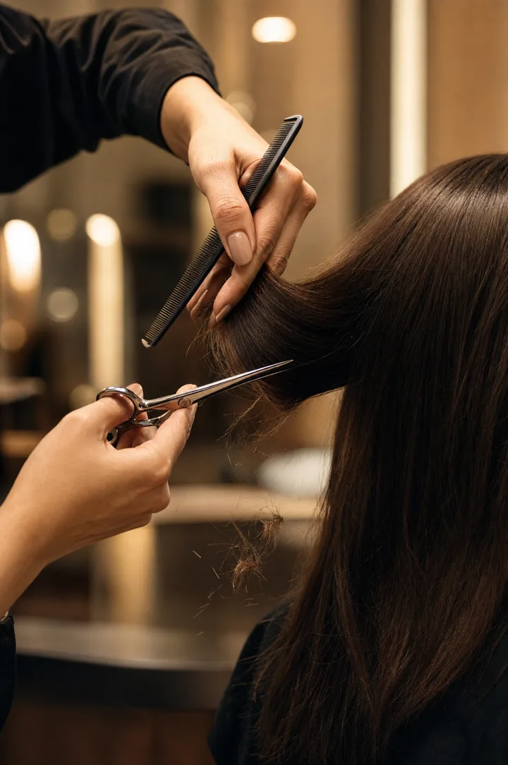Stylist cutting long hair with shears