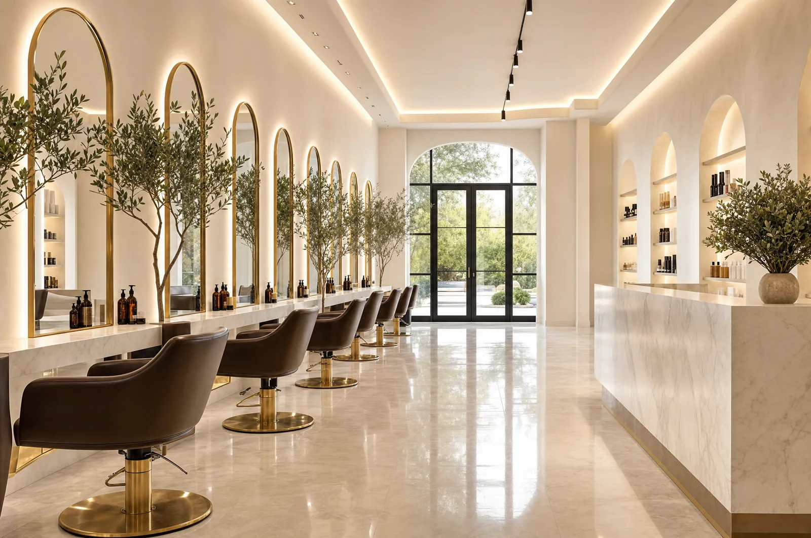 Séraphine salon interior: arched mirrors, espresso styling chairs, and marble floors in warm daylight
